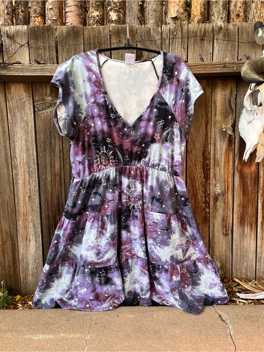 Purple Galaxy Print Tiered V-Neck Women's Dress Retro Celestial